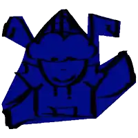 a cartoon drawing of a person wearing a blue hoodie and a hat