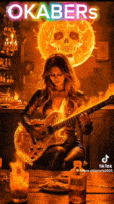 a painting of a woman playing a guitar with the word okabers on the bottom