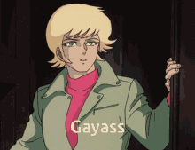 a woman in a green jacket and pink sweater says gayass