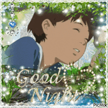 a picture of a boy sleeping with the words good night written on it