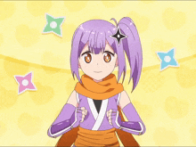 a girl with purple hair is wearing a scarf and gloves