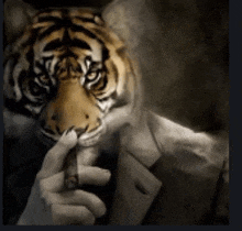a man in a suit with a tiger 's head smoking a cigar