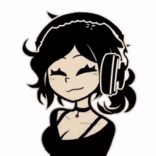 a black and white drawing of a girl with headphones on