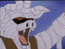 a cartoon drawing of a pig with horns and bandages around its body