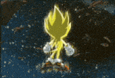 a painting of a yellow sonic the hedgehog with birds flying in the background