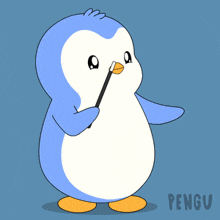 a blue and white penguin blowing a cloud with the word pengu on the bottom right