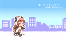 a girl in a cow costume is running in front of buildings