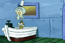squidward from spongebob squarepants is standing in a boat with a toothbrush .