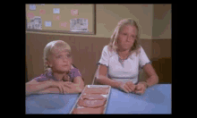 two girls are sitting at a table with a tray of sausages .
