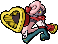 a cartoon character is holding a cannon with a heart shaped shield
