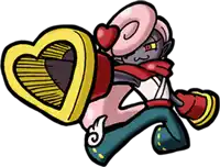 a cartoon character is holding a cannon with a heart shaped shield