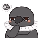 a cartoon bird with a white collar and a speech bubble above its head .