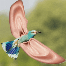 a bird with a pink ear is flying in the sky