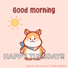 a cartoon of a dog yawning with the words good morning happy tuesday