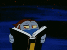 a cartoon character is reading a book with his mouth open