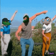a group of people are dancing and one of them has a crocodile head on his head