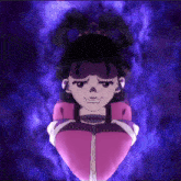 a girl in a pink dress is surrounded by a purple background