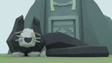 a low poly cat is laying down in front of a building with the letter t on it