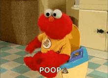 elmo from sesame street is sitting on a potty and saying poop ..