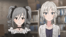 two anime girls are standing next to each other and smiling
