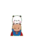 a panda bear is sitting on top of a little boy in a superhero costume .
