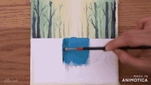 a person is painting a picture of trees and a lake with the words made in animatica on the bottom
