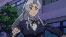 a girl with long white hair is wearing a suit and a bow tie
