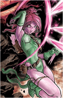 a cartoon of a woman in a green and pink outfit