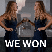 a woman in a blue dress is standing next to another woman with the words we won written on the bottom