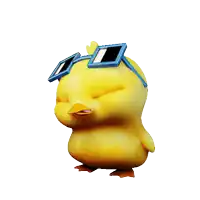 a yellow cartoon chicken wearing blue square sunglasses on a white background