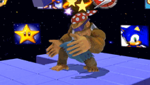 a cartoon gorilla wearing a bandana is standing on a blue block