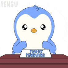 a penguin sitting at a table with a sign that says pudgy penguins on it
