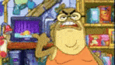 a cartoon character from spongebob squarepants is standing in front of a television .