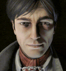 a pixelated image of a man 's face with a red scarf around his neck