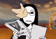 a cartoon woman is holding a newspaper that says true