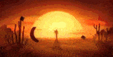 a man is standing on a rock in the desert at sunset .