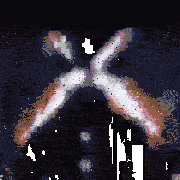 a pixelated image of a person 's face with a red background