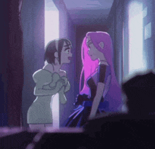 a cartoon of two women standing next to each other in a hallway