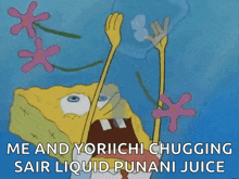a cartoon of spongebob saying me and yorichi chugging liquid punani juice