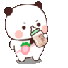 a panda bear is holding a bottle of milk and a peach in his mouth .