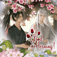 a good morning greeting card with a couple of anime characters