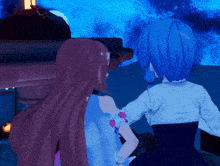 two anime girls are sitting next to each other and looking at something