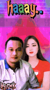 a man and a woman standing next to each other with haaay written on the top