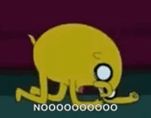 a cartoon character is laying on the ground with the words `` nooooooo '' written on the bottom .