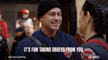 its fun taking orders from you kelly severide stella kidd chicago fire i find it amusing to take orders from you