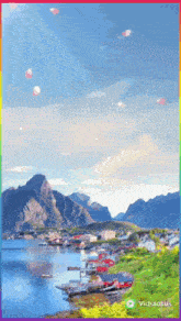 a painting of a lake with mountains in the background and bubbles floating in the sky