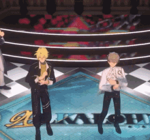 two anime characters are dancing on a checkered floor in front of a sign that says ' akash '