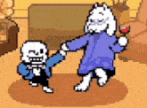 a pixel art of a skeleton and a goat dancing in a living room while holding hands .