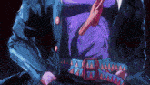 a cartoon drawing of a person with a purple shirt