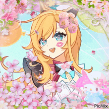 a picture of a girl with long blonde hair and blue eyes is surrounded by pink flowers and says picmix at the bottom